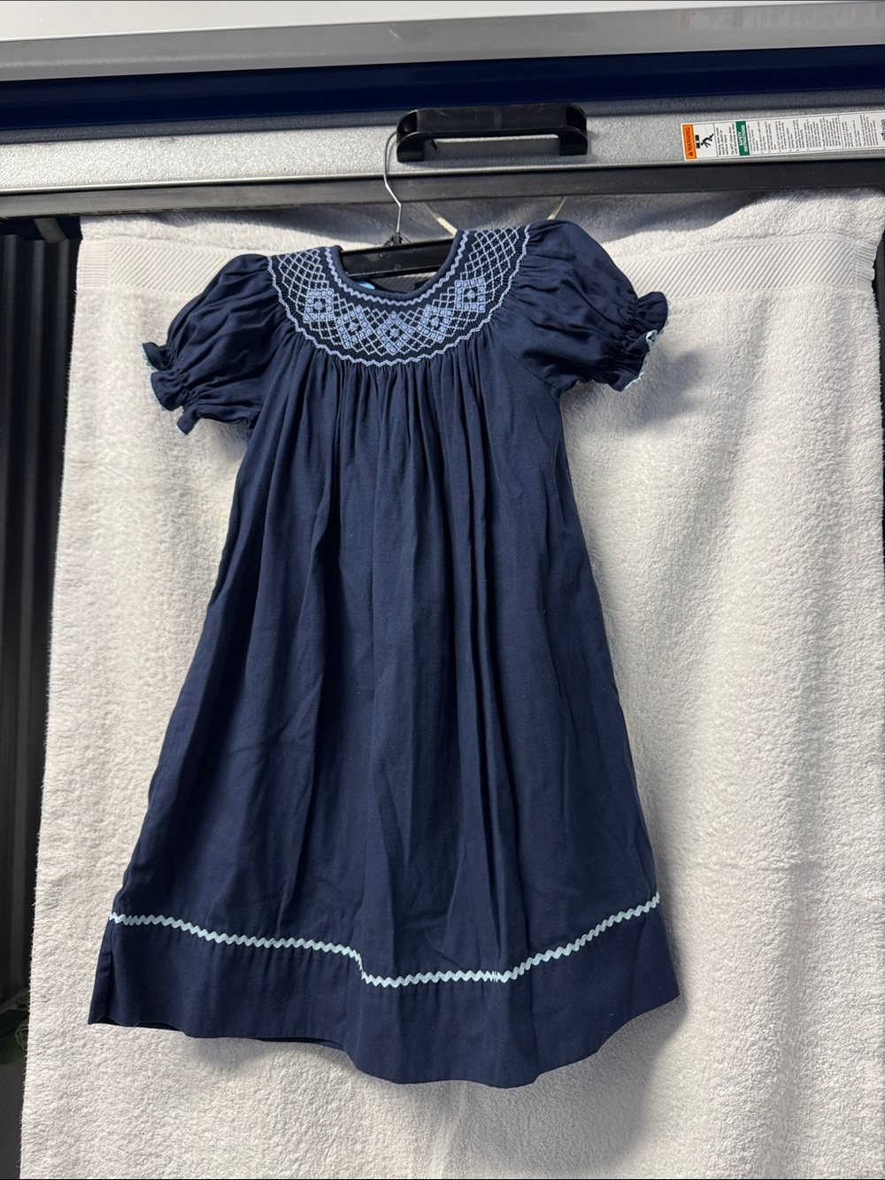 Girls' Navy Smocked Yoke Formal Dress with Light Blue Trim